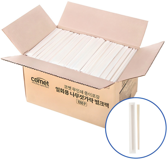 코멧 무인쇄 종이포장 일회용 나무젓가락 벌크팩 화이트, 1000개, 1개