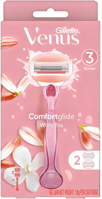 Venus 정품 컴포트 글라이드 화이트티 여성용 면도기 + 면도날 2입, 2개입, 1개