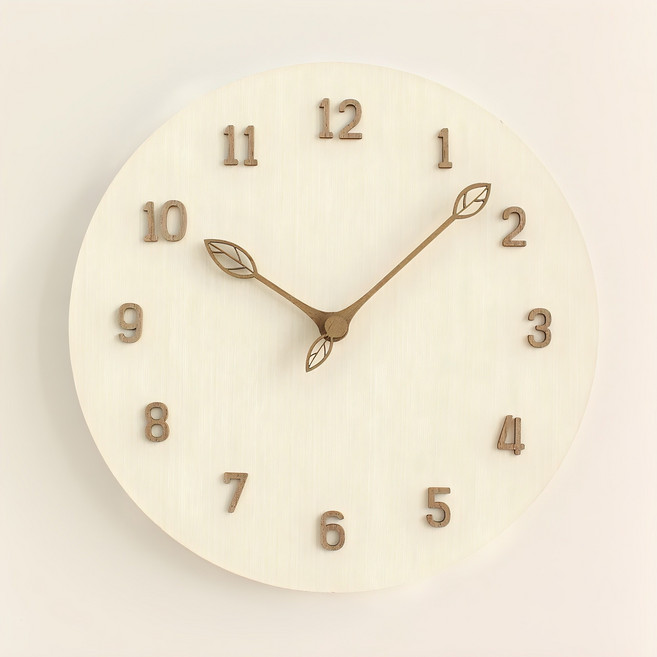 MJK 우드네이처 나뭇잎 무소음 벽시계, 화이트내츄럴