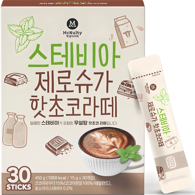 맥널티커피 스테비아 제로슈가 핫초코 라떼, 15g, 30개입, 1개 - 쿠팡
