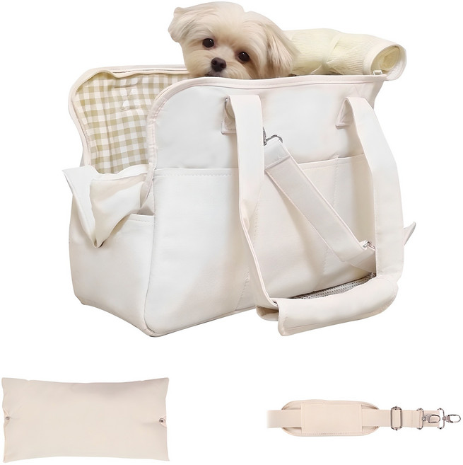 난펫 강아지 기내용 슬링백 산책 이동 가방 + 쿠션 + 크로스끈 세트상품, 아이보리, 1개