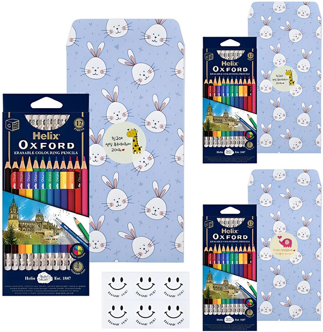 Helix 옥스포드 어린이집 생일선물 답례품 지워지는 색연필 12종 x 3p + 선물봉투 3p + 스티커 3종 x 6p 세트, 12색, 1세트