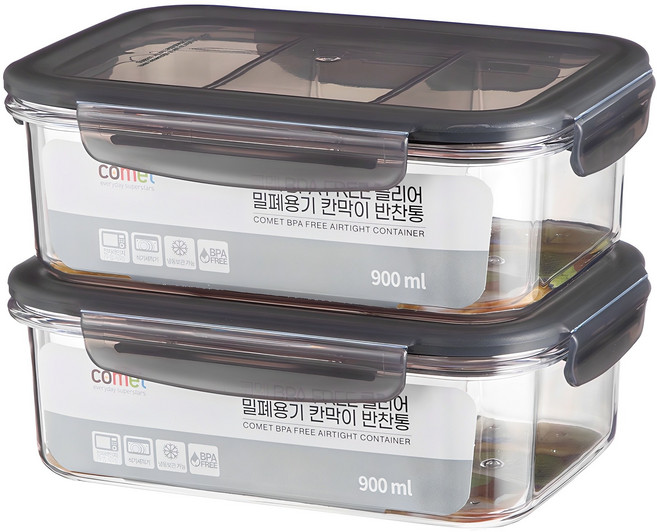 코멧 국내생산 BPA FREE 클리어 밀폐용기 칸막이 반찬통 900ml, 2개