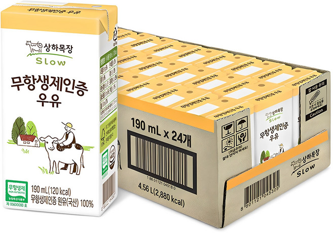 상하목장 무항생제인증 우유, 190ml, 24개