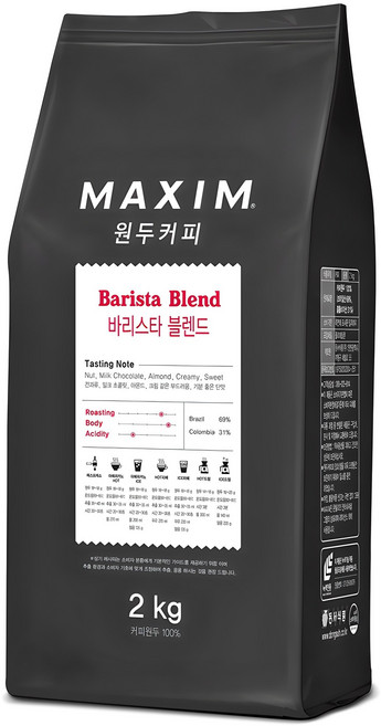 맥심 바리스타 블렌드 원두커피, 홀빈(분쇄안함), 2kg, 1개