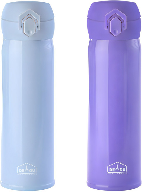 디유 비비드 2중 진공 원터치 보온병 2종 세트, 스카이 + 퍼플, 500ml, 1세트
