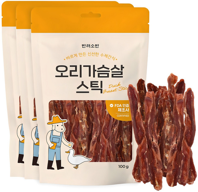 반려소반 강아지 건강한 수제간식 육포, 오리가슴살, 100g, 3개