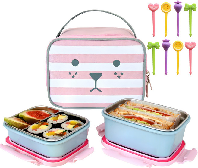 롤리몬 도시락 픽 + 이중 스텐 2단 도시락 + 가방 세트, 핑크, 1세트