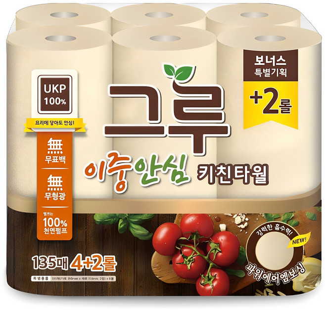 그루 이중안심 천연펄프 키친타올, 135매, 6개