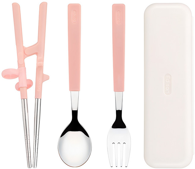 에디슨 2단계 스텐 젓가락 스푼 포크 케이스 세트, 핑크, 젓가락 + 스푼 + 포크 + 케이스, 1개
