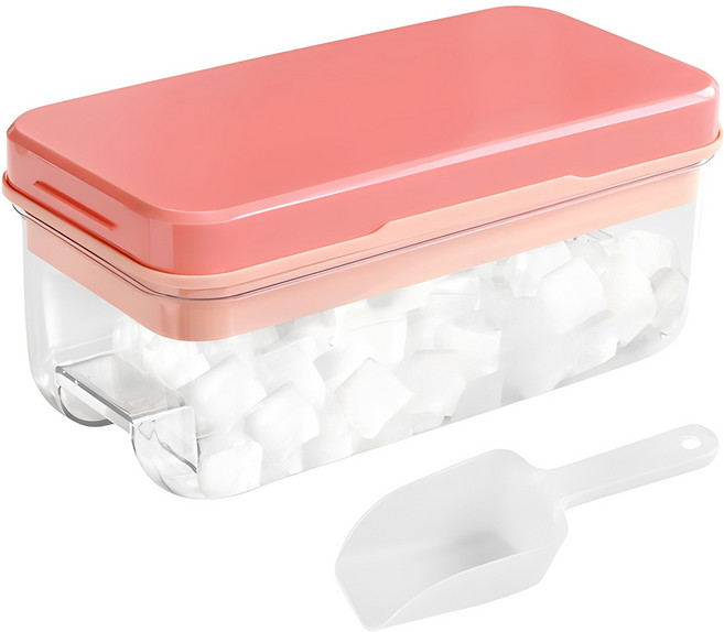네이쳐리빙 실리콘 푸쉬 얼음 트레이 보관통 + 스쿱 세트 1단, 핑크, 1세트