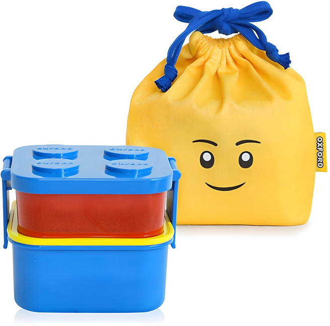 옥스포드 블럭 2단 도시락 + 파우치, 런치박스(블루) + 파우치(옐로우), 1세트