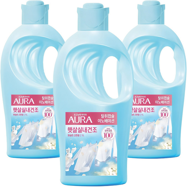 아우라 햇살실내건조 초고농축 섬유유연제 뽀송한 코튼향 본품, 1L, 3개
