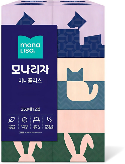 모나리자 미니플러스 천연펄프 미용티슈 2겹, 250매, 12개