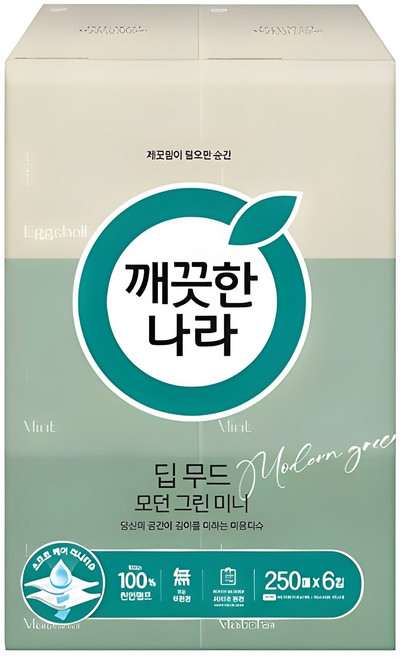 깨끗한나라 딥 무드 모던 그린 천연펄프 미니 미용티슈 2겹, 250매, 6개