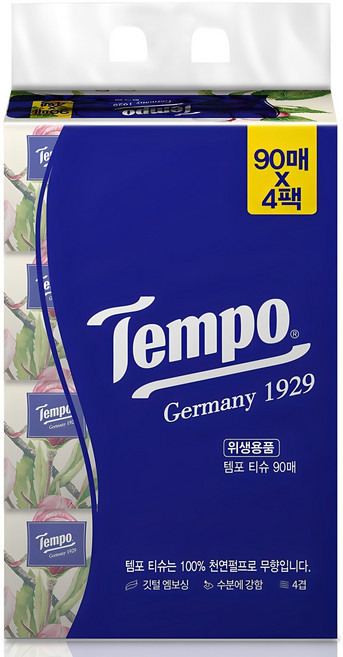Tempo 천연펄프 미용티슈 4겹, 90개입, 4개