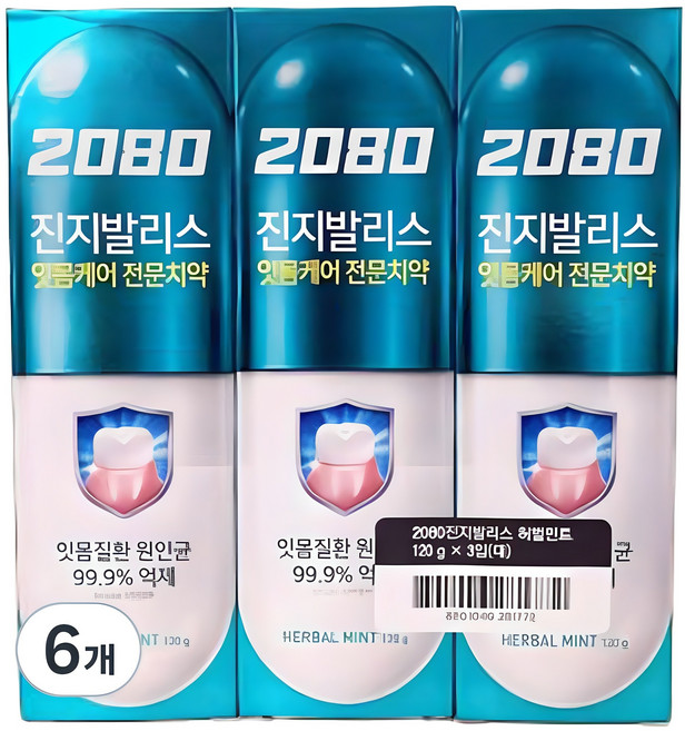 2080 진지발리스 허벌민트향 치약, 120g, 1개입, 6개