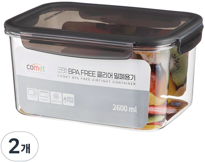 코멧 국내생산 BPA FREE 클리어 밀폐용기, 2개, 2.6L