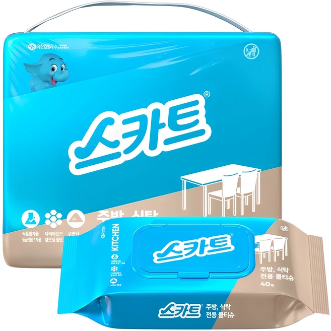 스카트 주방 식탁 전용 물티슈 40매, 4개 - 쿠팡