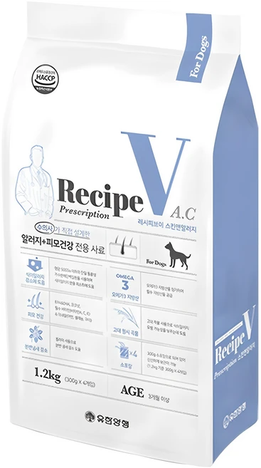 유한양행레시피브이 강아지 처방식사료, 피부/피모+알러지, 1.2kg, 1개 - 쿠팡