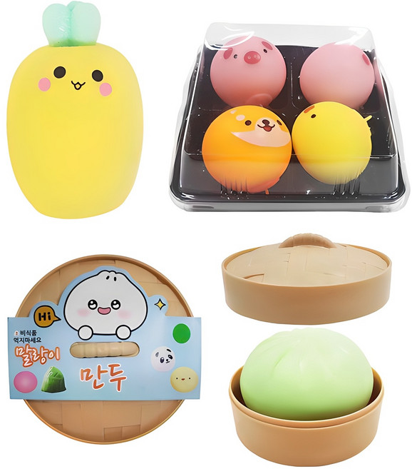 아가플러스 말랑이 만두 + 당근 + 핑크돼지 4p 세트 촉감각완구, 혼합색상, 1세트