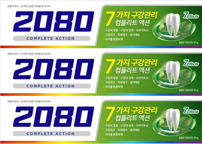 2080 컴플리트액션 치약 허브민트향, 120g, 3개