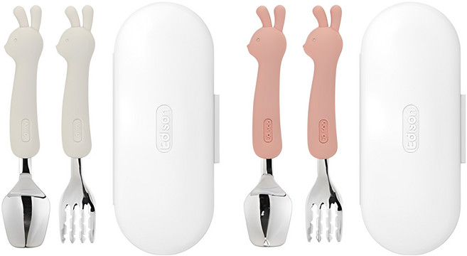 에디슨 실리콘 유아 스푼포크케이스 세트 베이비, 토끼핑크 + 토끼크림, 스푼 + 포크 + 케이스, 1세트