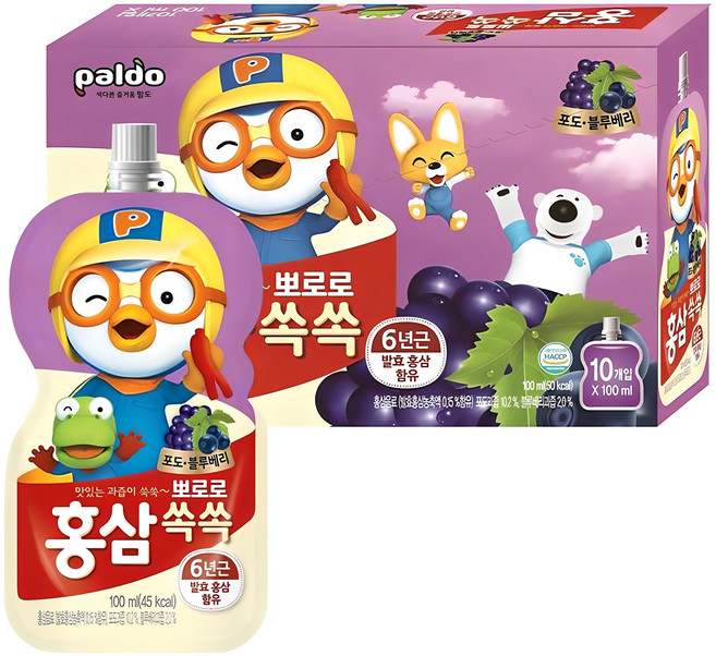 팔도 뽀로로 홍삼쏙쏙 포도 블루베리, 100ml, 10개