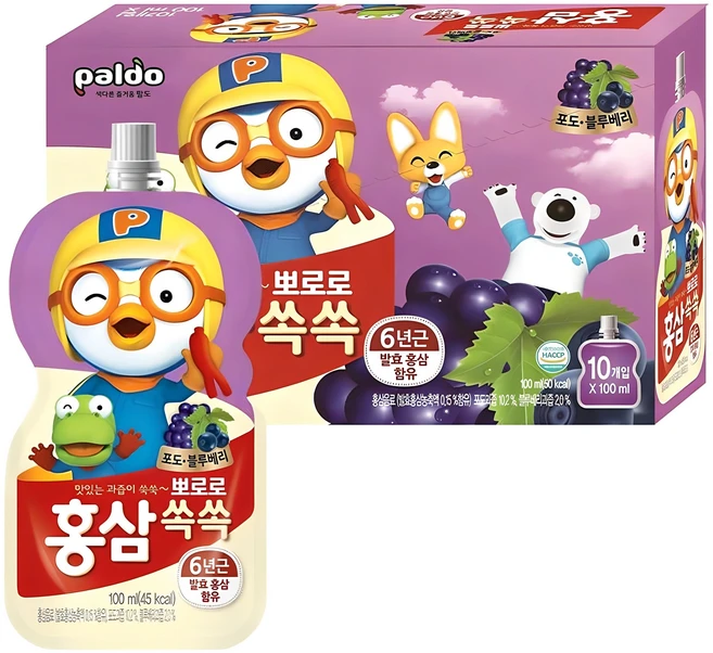 팔도 뽀로로 홍삼쏙쏙 포도 블루베리, 100ml, 10개 - 쿠팡