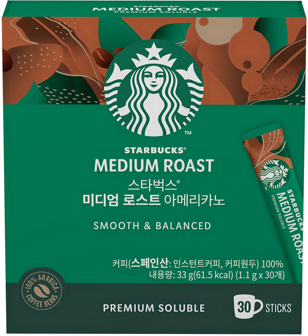 STARBUCKS 星巴克 中度烘焙美式即溶咖啡粉, 1.1g, 30條, 1盒