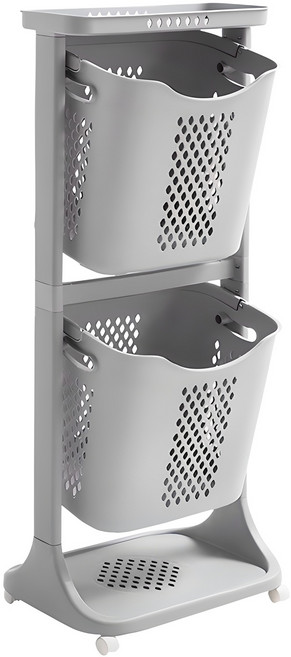 VER 2 대용량 트롤리 스윙 2단 빨래바구니, 그레이