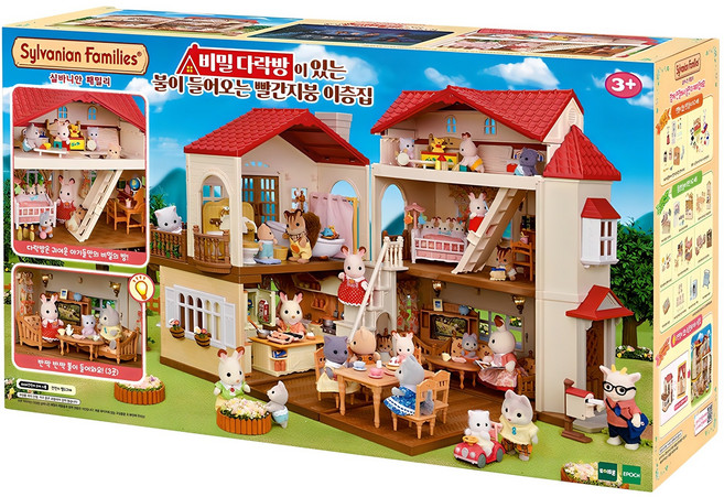 실바니안패밀리 비밀 다락방이 있는 불이 들어오는 빨간지붕 이층집 피규어, 1개