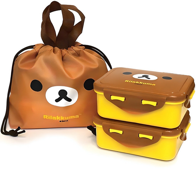 리락쿠마 사각 밀폐 2단 도시락 세트, 얼굴, 용기(2P) + 주머니가방, 1세트