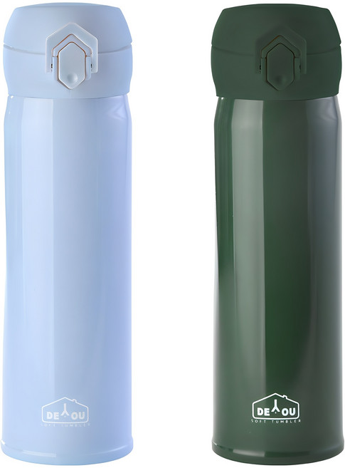 디유 비비드 2중 진공 원터치 보온병 2종 세트, 스카이 + 카키, 500ml, 1세트