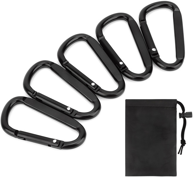 코멧 아웃도어 고강도 D형 알루미늄 카라비너 5개 + 수납 파우치 세트, 블랙, 1세트