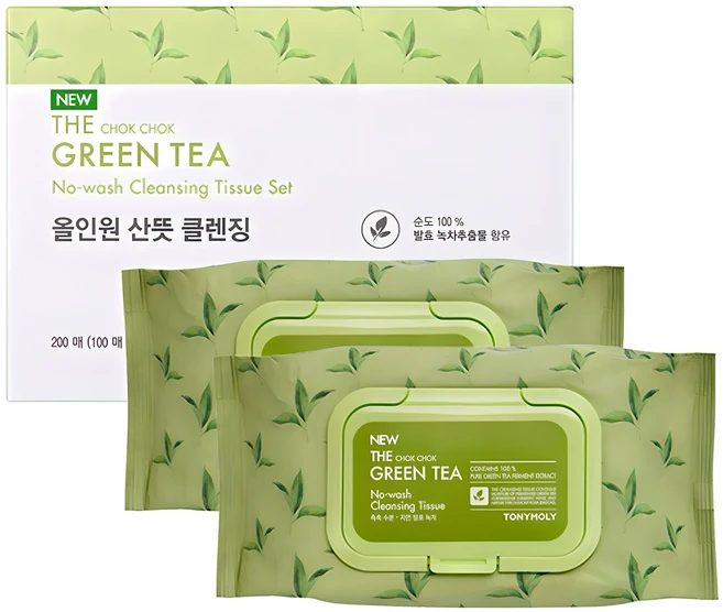 토니모리 더촉촉 그린티 노워시 클렌징 티슈 세트, 100매입, 2개 - 쿠팡