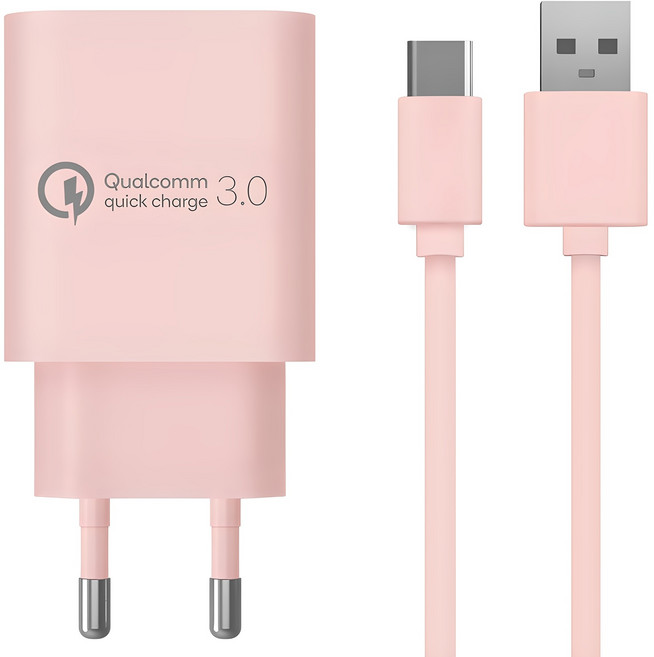 홈플래닛 퀄컴 공식인증 QC3.0 18W 고속충전기 + C타입 충전케이블 1.2m 세트, 핑크, 1개