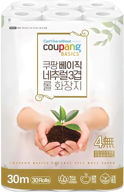 쿠팡베이직 네추럴 3겹 천연펄프 롤화장지 30m, 30개입, 1개 - 쿠팡