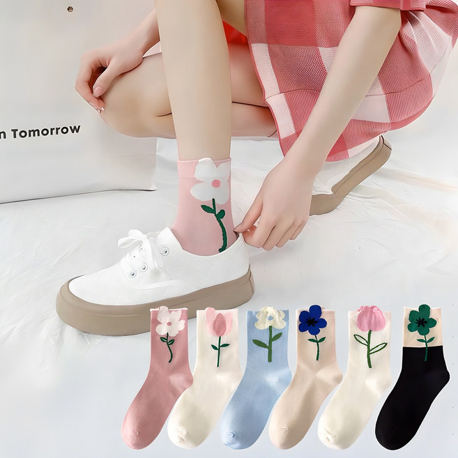 삭스판다 여성용 국산 감성 꽃 한송이 중목 양말 6켤레