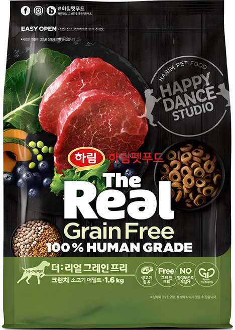 하림펫푸드 어덜트 강아지 더리얼 그레인프리 크런치 건식사료, 소, 1.6kg, 1개