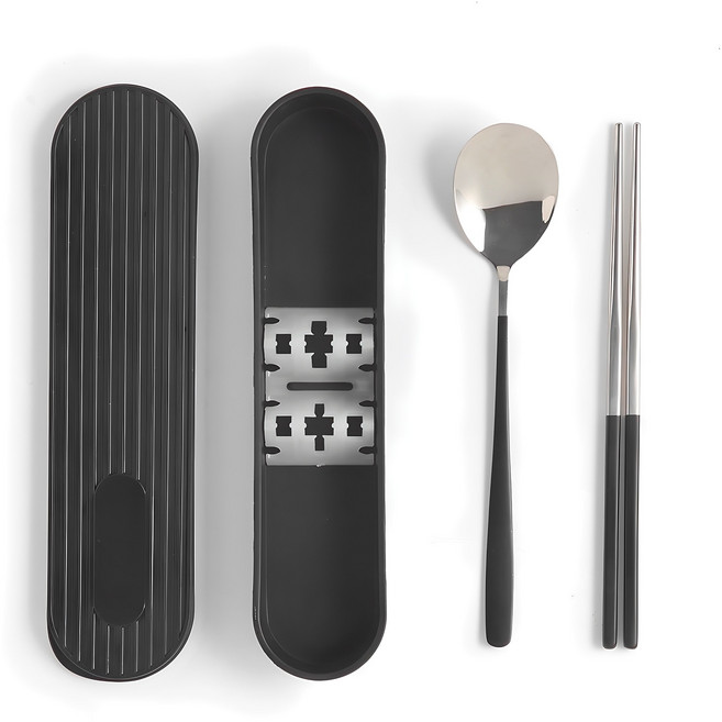 바네 커트러리 무소음 휴대용 도시락수저 + 수저통세트, 블랙, 숟가락 + 젓가락 + 수저케이스, 1세트