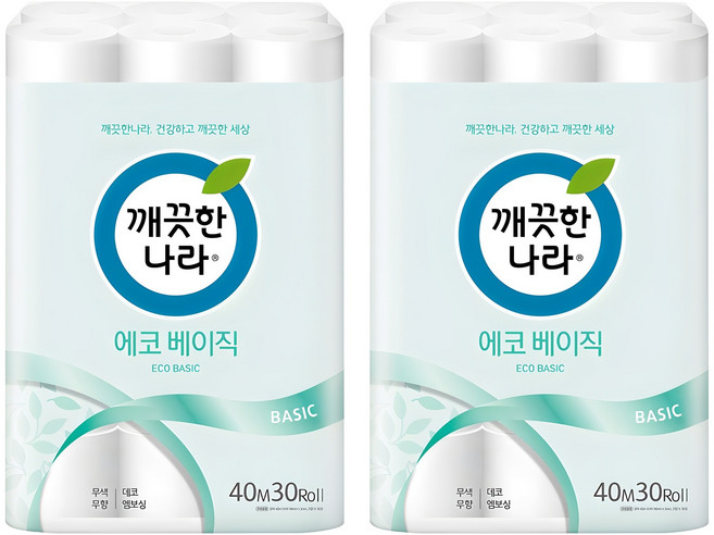 깨끗한나라 에코 베이직 2겹 롤화장지, 40m, 30개입, 2개