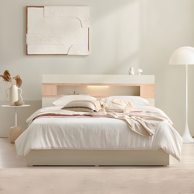 삼익가구 그레인 호텔식 편백나무 LED 조명 침대 프레임 단품, 화이트