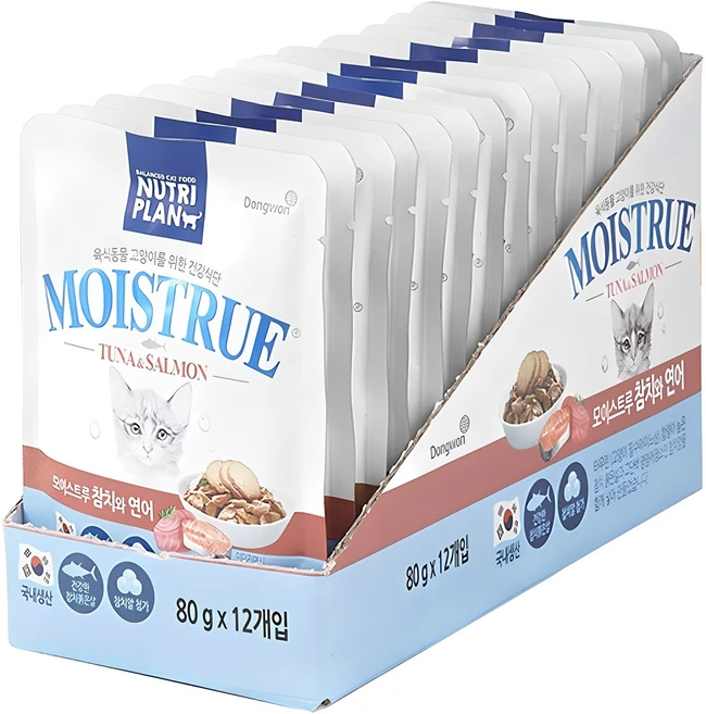 동원뉴트리플랜 고양이 모이스트루 습식 간식, 혼합맛(참치/연어), 80g, 12개 - 쿠팡