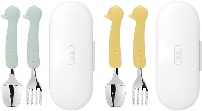 에디슨 유아 실리콘 스푼 포크 케이스 2종 세트, 오리옐로우 + 오리민트, 스푼 + 포크 + 케이스, 1세트