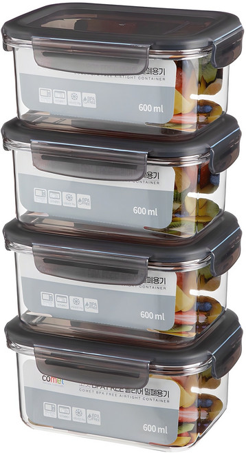코멧 국내생산 BPA FREE 클리어 밀폐용기, 4개, 600ml