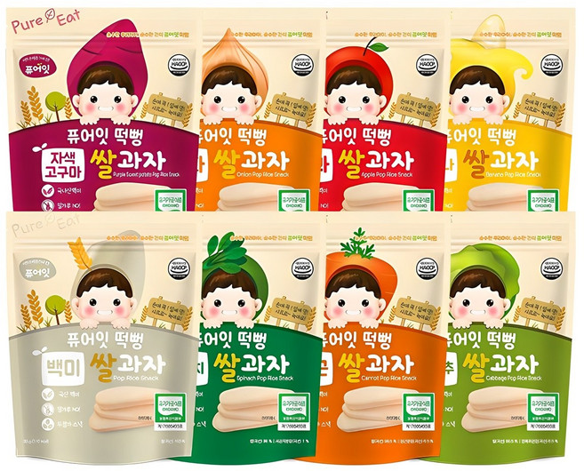 퓨어잇 떡뻥 쌀과자 8종 세트, 시금치, 당근, 사과, 바나나, 자색고구마, 양파, 양배추, 백미, 30g, 1세트