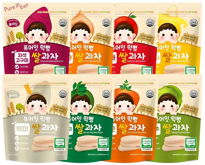 퓨어잇 떡뻥 쌀과자 8종 세트, 시금치, 당근, 사과, 바나나, 자색고구마, 양파, 양배추, 백미, 30g, 1세트 - 쿠팡