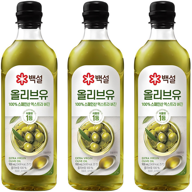 백설 엑스트라버진 압착 올리브유, 900ml, 3개
