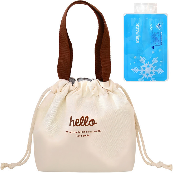 Hello Big 와이드형 보온 보냉 도시락 가방 + 아이스팩 세트, 크림, 1세트